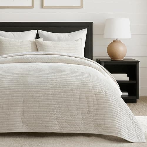 EVERGRACE Velvet Quilt Set King Size, Luxurious Soft Striped Channel Bedding Set, Lightweight Velvet Comforter for All Season, Oversized Bedspread Coverlet with 2 Matching Shams, Ivory White thumbnail 2