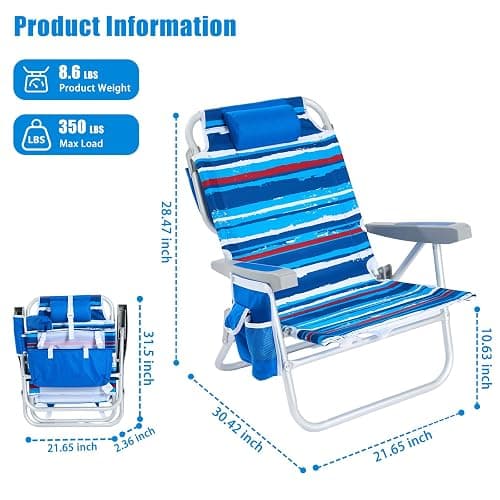 SUNNYFEEL Beach Chairs for Adults 2 Pack 5 Position Lay Flat, Portable Folding Backpack Beach Chair Heavy Duty with Cooler Bag, Cup Holder for Outdoor/Lawn/Picnic, Foldable Camping Chair thumbnail 3