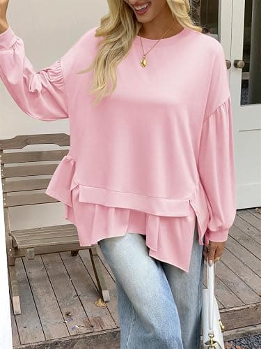 Tankaneo Womens Oversized Tops Peplum Puff Long Sleeve Shirts Trendy Casual Loose Fit Crew Neck Tunic Shirts thumbnail 6