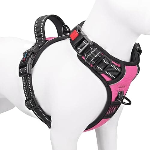 PHOEPET Reflective Dog Harness Large Breed Adjustable No Pull Vest with Handle 2 Metal Rings 3 Buckles [Easy to Put on & Take Off](L, Pink) - Image 1
