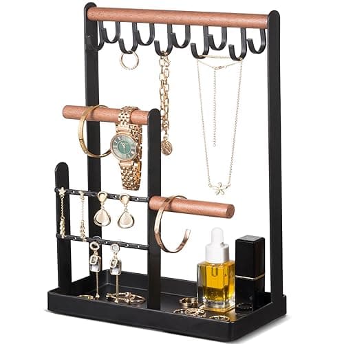ProCase Jewelry Stand Holder Organizer, 4-Tier Necklace Holder with Ring Tray, 10 Hooks Necklaces Hanging Small Jewelry Display Storage Tower Tree for Bracelets Earrings Watches -Medium, Black - Image 1