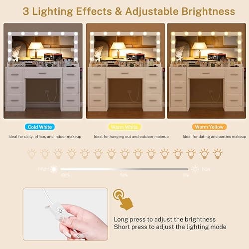 FIONESO Vanity with Large Mirror and 12 LED Lights, Vanity Desk with 7 Drawers & Hairdryer Holder, Makeup Vanity Desk with Charging Station for Women, Girls, 3 Lighting Color Adjustable, White thumbnail 4