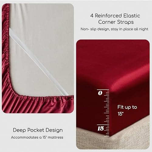 MR&HM Satin Bed Sheets, Queen Size Sheets Set, 4 Pcs Silky Bedding Set with 15 Inches Deep Pocket for Mattress (Queen, Burgundy) thumbnail 5