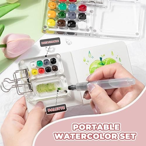MUZMDNI Mini Watercolor Paint Set Portable, Travel Grid Paint Palette Box with Binder Clips Include Paint, Brush*3 and Picture Album Art Materials Coloring Markers (Brown Wood-S) thumbnail 3