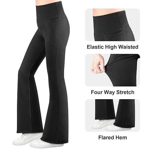 BIG ELEPHANT Girl's Flare Leggings with Pockets, Kids Bootcut Yoga Pants, High Waisted Bell Bottoms for Dance - Black+dark Gray+light Gray - Medium thumbnail 3
