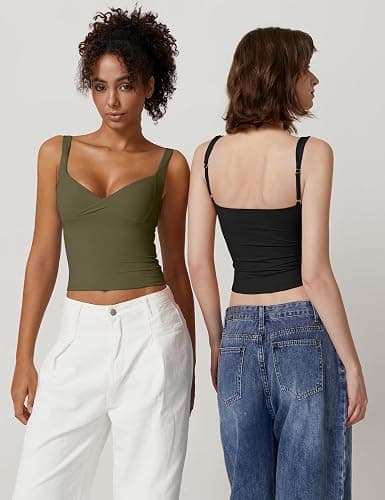 QINSEN Women's V Neck Tank Tops Double Lined Adjustable Strap Camisole Shirt thumbnail 3