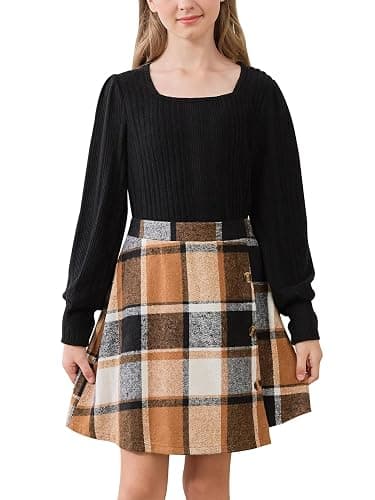 GORLYA Girls 2 Piece Fall Skirt Sets Long Sleeve Rib Knit Tops Casual Asymmetrical Plaid Skirt Kids Clothes Outfits 6-14Y - Image 1