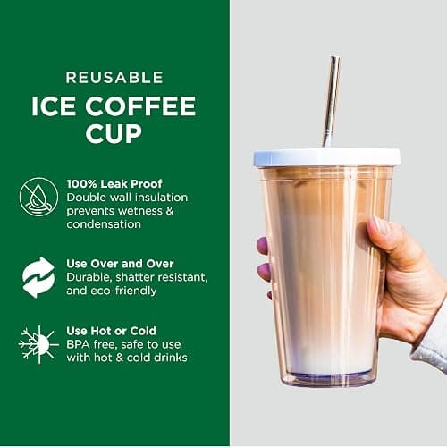 Reusable Iced Coffee Cup (24 Oz/Venti), Leak Proof and Double Wall Insulated Iced Coffee Tumbler, Come with Reusable Plastic and Metal Straws and Straw Cleaner - White thumbnail 4