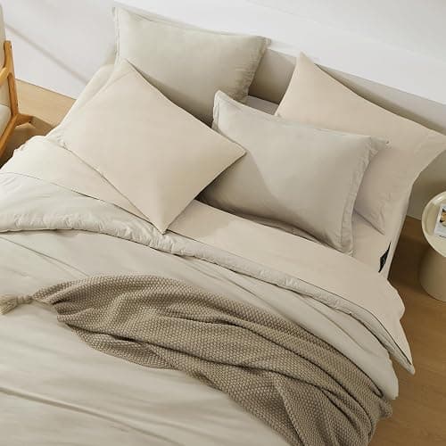 WRENSONGE Oversized Queen Comforter Set - 7 Pieces Light Oatmeal Bed in a Bag Queen with Sheets, 2 Pillow Shams, and 2 Pillowcases- Warm Bedding Sets Queen for All Season thumbnail 5