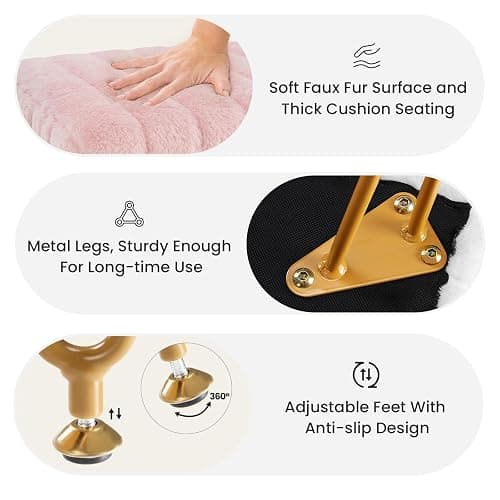 Sweetcrispy Vanity Stool Chair with Storage, 18.9”H x 16”L x 12.2”W Ottoman Chair Faux Fur Soft Padded Makeup Footstools Seat with 4 Metal Legs Anti-Slip Adjustable Feet for Make Up, Pastel-Pink thumbnail 4