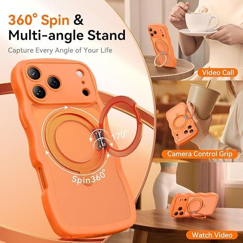 360° Spin Magnetic Stand for iPhone 17 Pro Case for Women Girls, Upgraded [Full Camera Protection, Fit for MagSafe, Cute Wave Non-Slip Phone Case for iPhone 17 Pro, Official Cosmic Orange thumbnail 3
