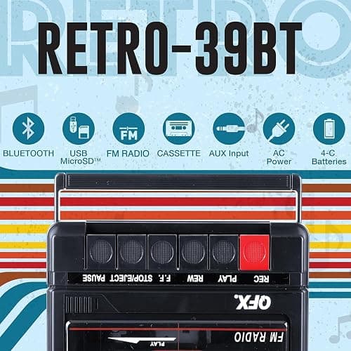 QFX RETRO-39 Portable Shoebox Cassette Tape Recorder – USB to Cassette Recording, Built-in Microphone, 3.5" Bluetooth Speaker, FM Radio, MP3 Playback, Line-in/Out, AC/Battery Powered thumbnail 12