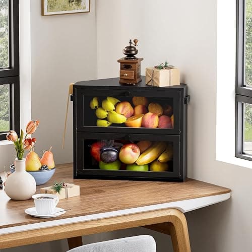 WOWLIVE Corner Bread Box for Kitchen Countertop, Large Double Layer Bread Storage Container for Homemade Bread, Black Bread Holder for Kitchen Counter, Under Cabinet Organizer (Black, Medium) thumbnail 7