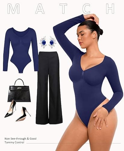 FeelinGirl Women's Long Sleeve Shapewear Bodysuit for Tummy Control Seamless Body Suits Thong V Neck Going Out Tops thumbnail 6