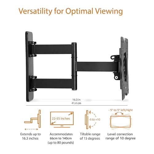 Amazon Basics Full Motion Articulating TV Wall Mount, with Swivel and Tilt, for 26" to 55" TVs and Flat Panels up to 80 Lbs, VESA Compatible, Single Stud, Black thumbnail 3