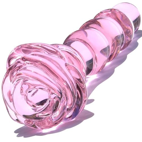 Glass Anal Beads Butt Plug Prostate Massager with Long Neck, Rose Round Base and 4 Gradual Beads Fetish Bum Plug Anal Dilator Masturbation Sex Toy for Women Men, 5.59 x 1.14 inch Pink TJIJP - Image 1