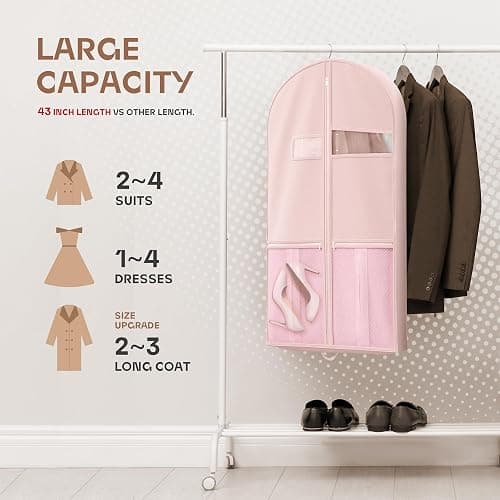 Lazebox 43" Travel Garment Bag with Accessories Zipper Pocket, Heavy Duty Suit Bag for Suits, Tuxedos, Dresses, Coats, Pink, 1 pack thumbnail 2