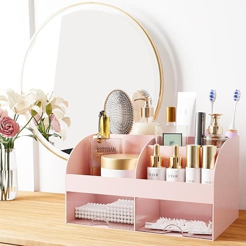 Makeup Organizer with Drawers, Cosmetic Storage for Dresser Vanity and Bathroom Countertop, Beauty Holder for Lipstick Brush, Skincare Organizer for Vanity, Cosmetic Display Case (Pink) thumbnail 4