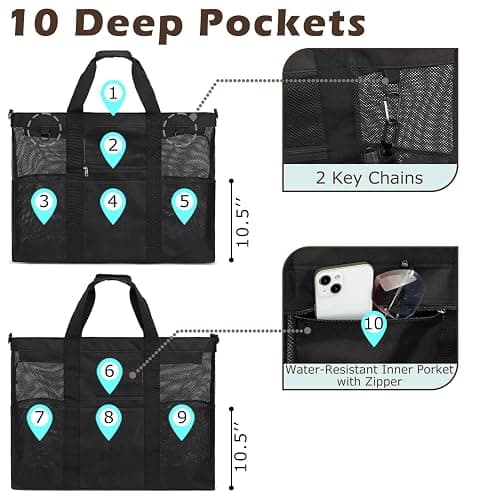 Fammart Mesh Beach Bag, Large Beach Tote with Zipper Pocket, Toys Pool Bag for Family Travel Vacation Cruise Essentials thumbnail 4