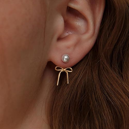 Risamil 14K Gold Plated/Silver Earrings for Women Trendy, Dainty Bow Earrings for Women Cute Pearl Huggie Earring Hoops Twist Rope Bow Stud Pearl Dangle Cubic Zirconia Earrings Jewelry Gifts thumbnail 2