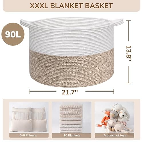 INDRESSME Large Laundry Basket, 21.7'' x 13.8'' Cotton Rope Blanket Basket Living Room Toy Baskets Storage Kids, Woven Baskets for Dirty Clothes, Pillows, Towel, 90L Light Brown thumbnail 3
