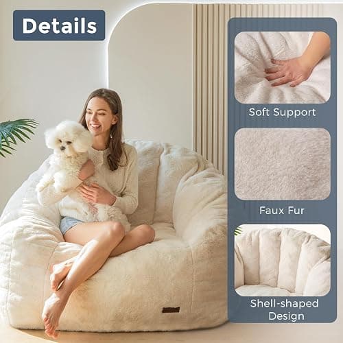 MAXYOYO Giant Bean Bag Chair, Oversized Bean Bag Couch for Adults and Kids, Faux Fur Shell-Shaped Large Chair with Filler, Stuffed Big Accent Sofa Lounge Floor Sofa for Gaming, Reading, Beige - Standard - Beige thumbnail 7