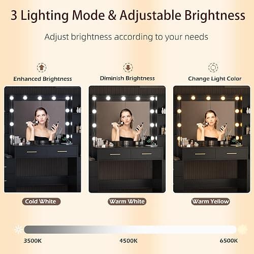UGTOO Makeup Vanity Desk with Mirror and Lights, 58.3" Makeup Vanity with Lights & Charging Station, Dressing Table Vanity Set White Vanity Table with Cushioned Stool, 8 Drawers & 2 Cabinets Black thumbnail 4