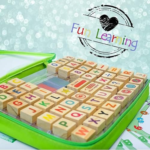 Large Wooden Stamp Premium Set for Kids. 72 Pcs Alphabet Stamps. Letters, Numbers, 3-Color Washable Ink Pad, 3 Refill Bottles, Activity Book. Ideal Creativity Kit thumbnail 7
