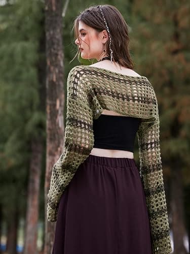 WDIRARA Women's Crochet Crop Tops Hollow Out Knit Shrugs | Y2k Long Bell Sleeve Crop Sweater thumbnail 2