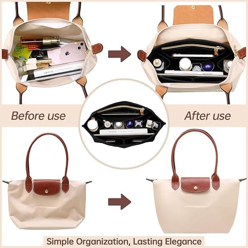 OPPOSHE Purse Organizer Insert for Longchamp Le Pliage, Premium Felt Long Champ Bag Handbag Women, Tote Organizer Insert with 9 Compartments (Large, Black) thumbnail 3