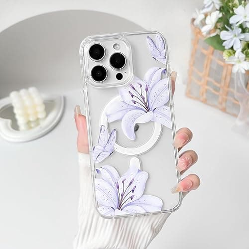 NITITOP Compatible with iPhone 16 Pro Max Case Clear Magnetic Compatible with MagSafe Cute Lily Flowers Floral for Women Girls Hard PC Back Shockproof Protective Phone Cover - Purple thumbnail 5