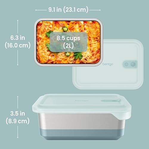 Bentgo MicroSteel Heat & Eat Container – Microwave-Safe, Leak-Proof & Airtight, Easy-to-Clean Lightweight Stainless Steel Reusable Food Storage with Silicone Lid (Family Size; 8.5-Cup Capacity; Aqua) thumbnail 3