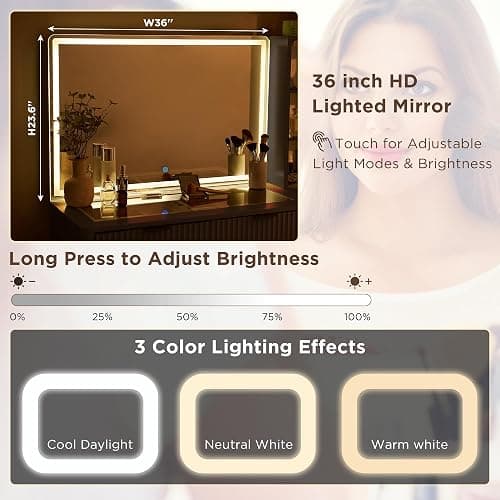 T4TREAM 48" Fluted Makeup Vanity Desk with 36" Lighted Mirror, Dark Walnut | Smart LED Mirror, Visible Glass Top, 5 Drawers & Adjustable Storage Shelves, Charging Station, Bedroom Makeup Storage thumbnail 4