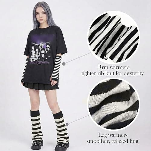 Fizzlup Harajuku Leg And Arm Warmers Set, Y2K Red And Black Striped High Socks Flared Goth Scene Accessories for Women thumbnail 3