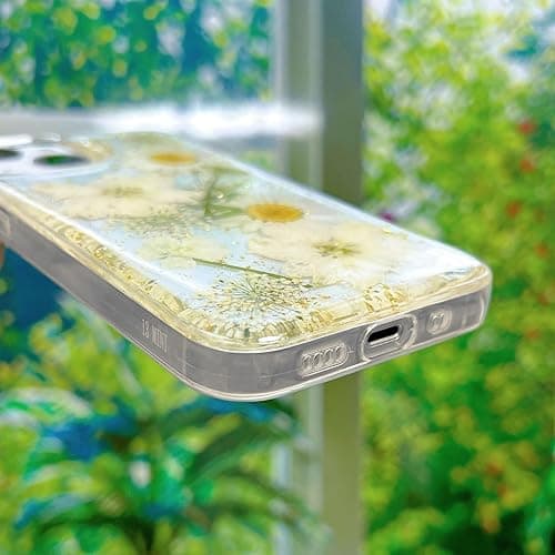 Abbery for iPhone 13 Mini/iPhone 12 Mini Clear Case with Real Pressed Flowers Design, Glitter&Sparkle Cute Dried White Floral Slim Soft TPU Protective Women Girl's Phone Cover - White Gold - for iPhone 12 Mini/iPhone 13 Mini thumbnail 6