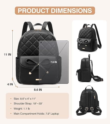 Marvolia Mini Backpack for Women and Girls - Leather Backpack with Cute Bowknot Quilted Small Backpacks for Shopping Travel School - Black thumbnail 3