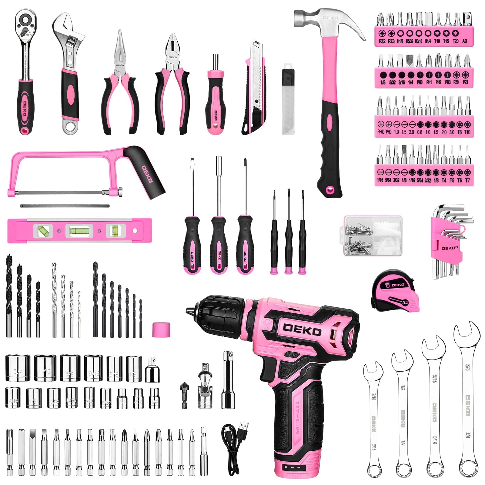 Kit de herramientas rosa: DEKOPRO - Caja de herramientas mecánica para el hogar con taladro inalámbrico de 12 V de potencia, juegos de herramientas de reparación de mano, kits combinados, organizador thumbnail 3