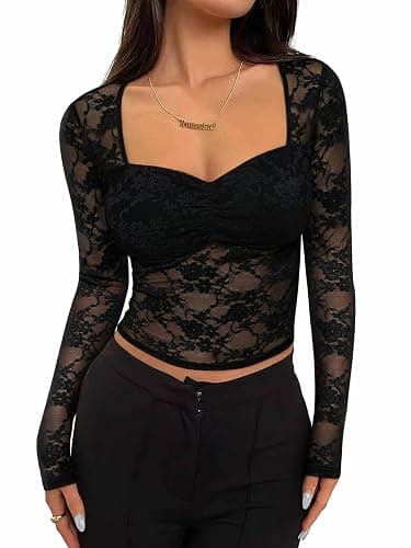 REORIA Womens Sexy Sheer Mesh Tops Floral Lace Long Sleeve Shirts Low Cut Slim Fitted Outfits See Through Going Out Blouses - Image 1