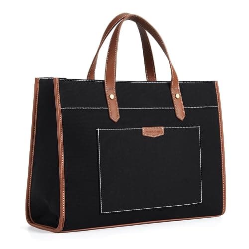 Missnine Laptop Tote Bag Canvas Laptop Bag 15.6 inch Work Shoulder Bags Casual Briefcase Handbag for Travel, Office, College (Black+Brown) thumbnail 8