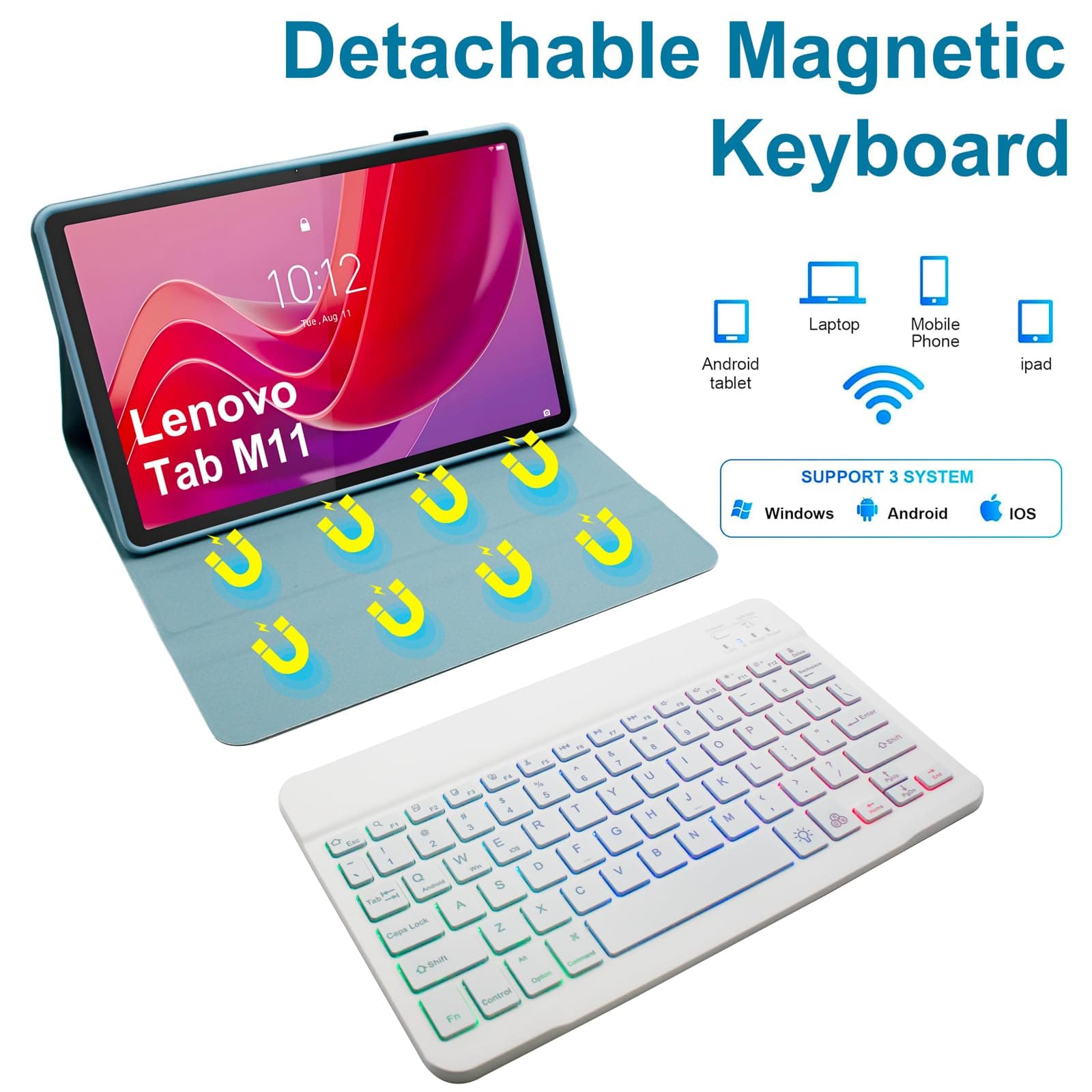 Keyboard Case For Lenovo Tab M11 11" 2024, 7 Colors Illuminated Keyboard with Mouse, Soft TPU Back,Blue thumbnail 2