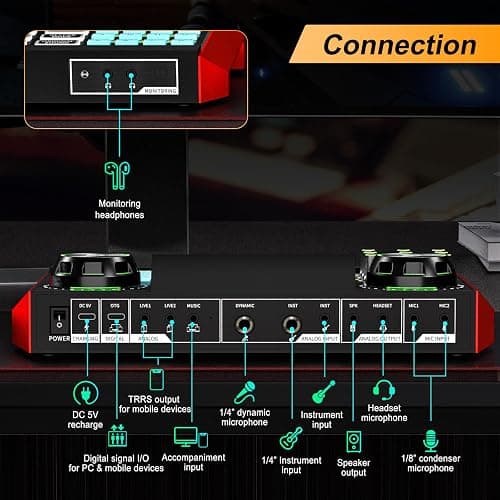 neculogy Podcast Equipment Bundle, Audio Interface with Cardioid Designer BM800 Mic for Gamer and All-in-One DJ Mixer, Perfect for Live Streaming, Singing, YouTube, Gaming thumbnail 3