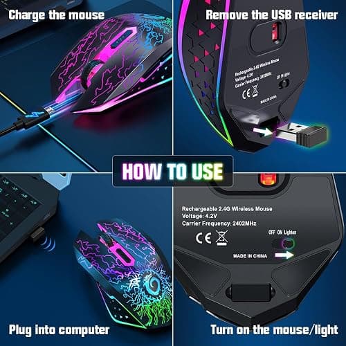 VersionTECH. Wireless Gaming Mouse, Rechargeable Computer Mouse Mice with Colorful LED Lights, Silent Click, 2.4G USB Nano Receiver, 3 Level DPI for PC Gamer Laptop Desktop Chromebook Mac-Black thumbnail 7