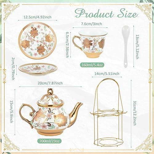 Zhehao 20 Pcs Porcelain Tea Set with Metal Holder and Spoon Adult Ceramic Tea Party Set European Flower Painting Teapot Cup Saucer Spoon Set for Women, Large Version(Elegant Style) thumbnail 4