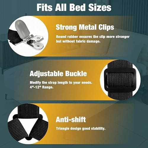 WHISPERING WONDER 4 Pack Bed Sheet Fasteners, Adjustable Mattress Cover Straps with Metal Clips, Elastic Bed Corner Holders, Non Slip Sheet Clips, Black Color thumbnail 4