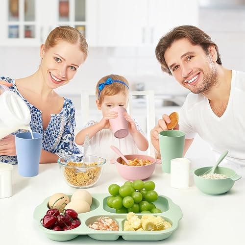 Hlukana 24 Pcs Wheat Straw Dinnerware Cutlery Set, Unbreakable Tableware Set, Including Kids Toddlers Divided Plates, Bowls, Cup, Cutlery Spoons Knifes Forks, BPA Free, Microwave Dishwasher Safe thumbnail 2
