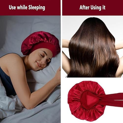 iLamvie Silk Curly Hair Cap, Silk Bonnet, with Adjustable Ribbons, Elastic Satin Night Hat for Sleeping, Women's Satin Night Hat for Women Girls (Red) thumbnail 2