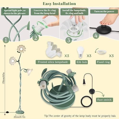 Flower Standing Lamp for Bedroom, Cute Corner Floor Lamp with Flexible Gooseneck,3 Light Floor Reading Lamp with 3 Color Temperatures, Bulbs Included, LED Tall floor Lamp for Living Room Corner(Green) thumbnail 6