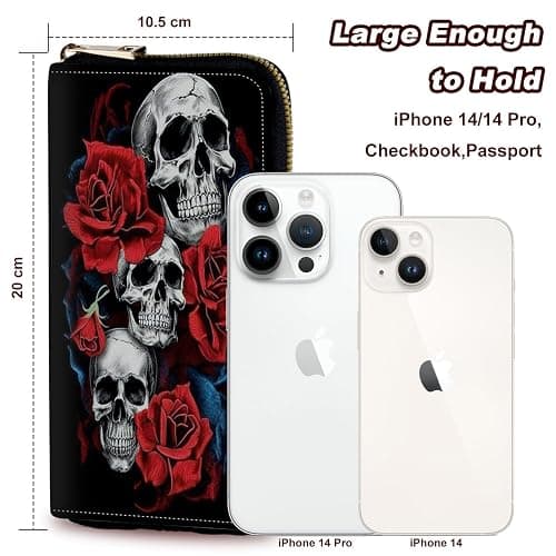 Mxfdegf Wristlet Wallet for Women Teen Girls RFID Blocking Credit Card Holder with Removable Wristlet, Leather Phone Wallet Clutch Large Capacity Ladies Travel Purse-Floral Flower Rose Skull thumbnail 3