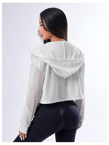 SweatyRocks Women's Zip Up Drawstring Hem Cropped Hoodie Mesh Workout Sports Track Lightweight Jacket thumbnail 2