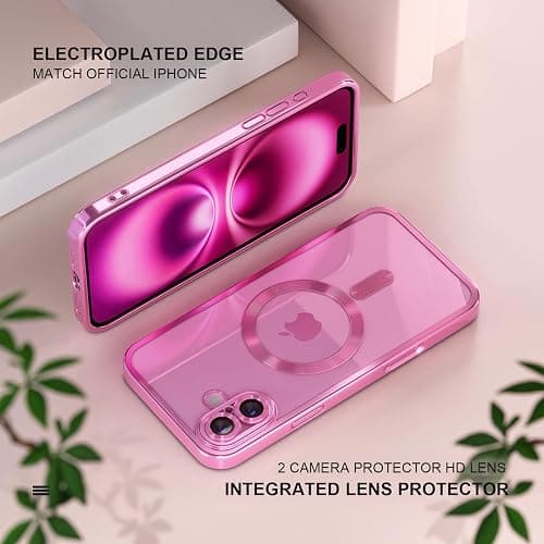Misea Magnetic for iPhone 16 Plus Case Compatible with MagSafe [Never Yellowing] [Military Grade Drop Protection] Full Camera Lens Protector Plating Soft Clear Phone Case for Women 6.7 inch, Hot Pink thumbnail 6